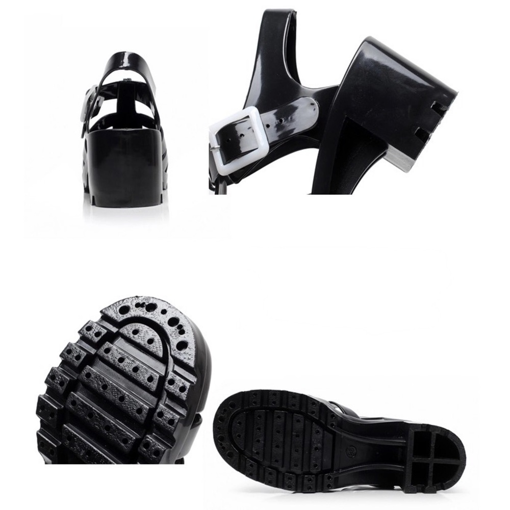 Black Chunky Heeled Jelly Sandals with Buckle Detail - Picture 2 of 5